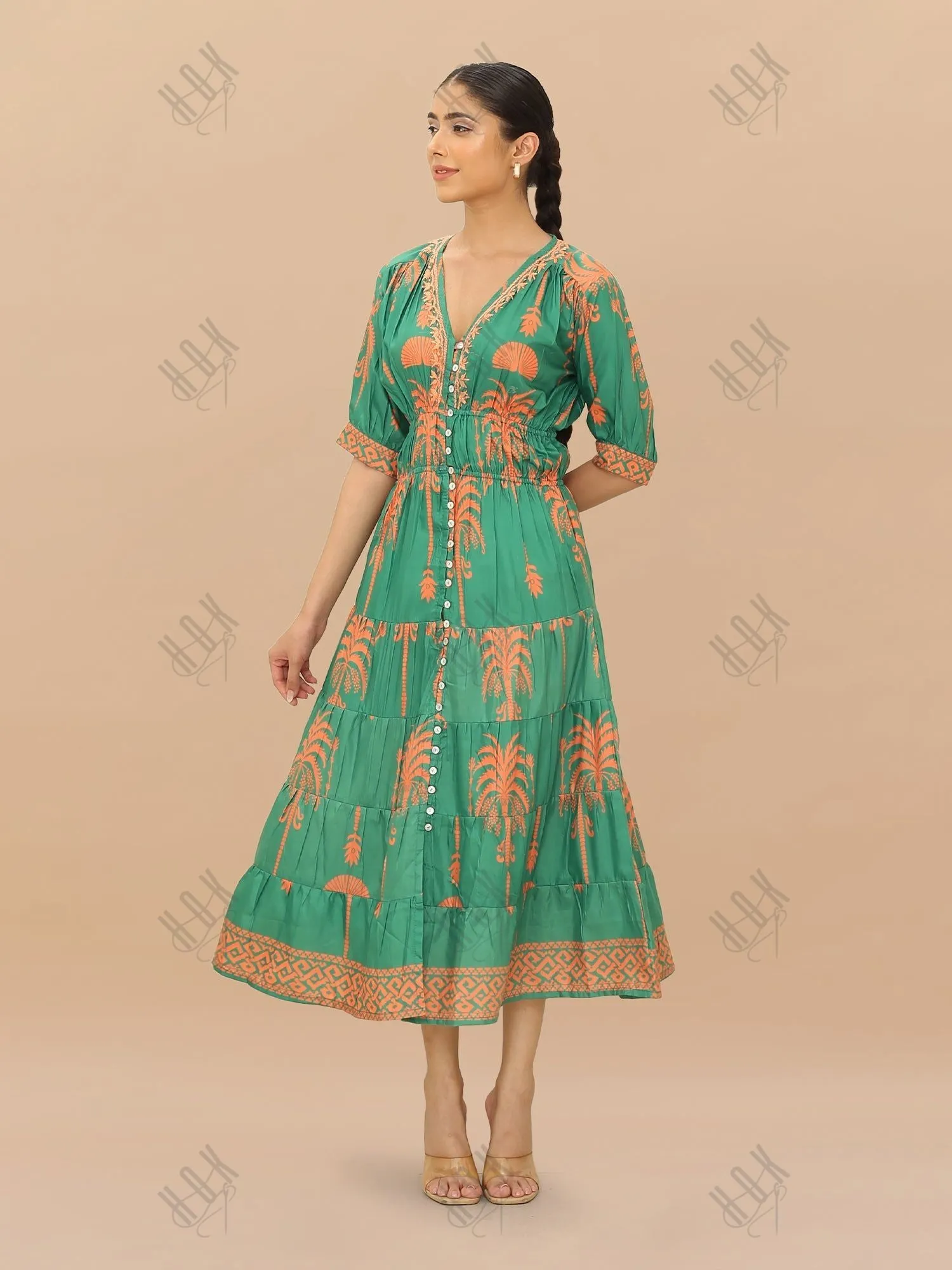 Saba Chikanakri Dress in Printed Muslin  - Green