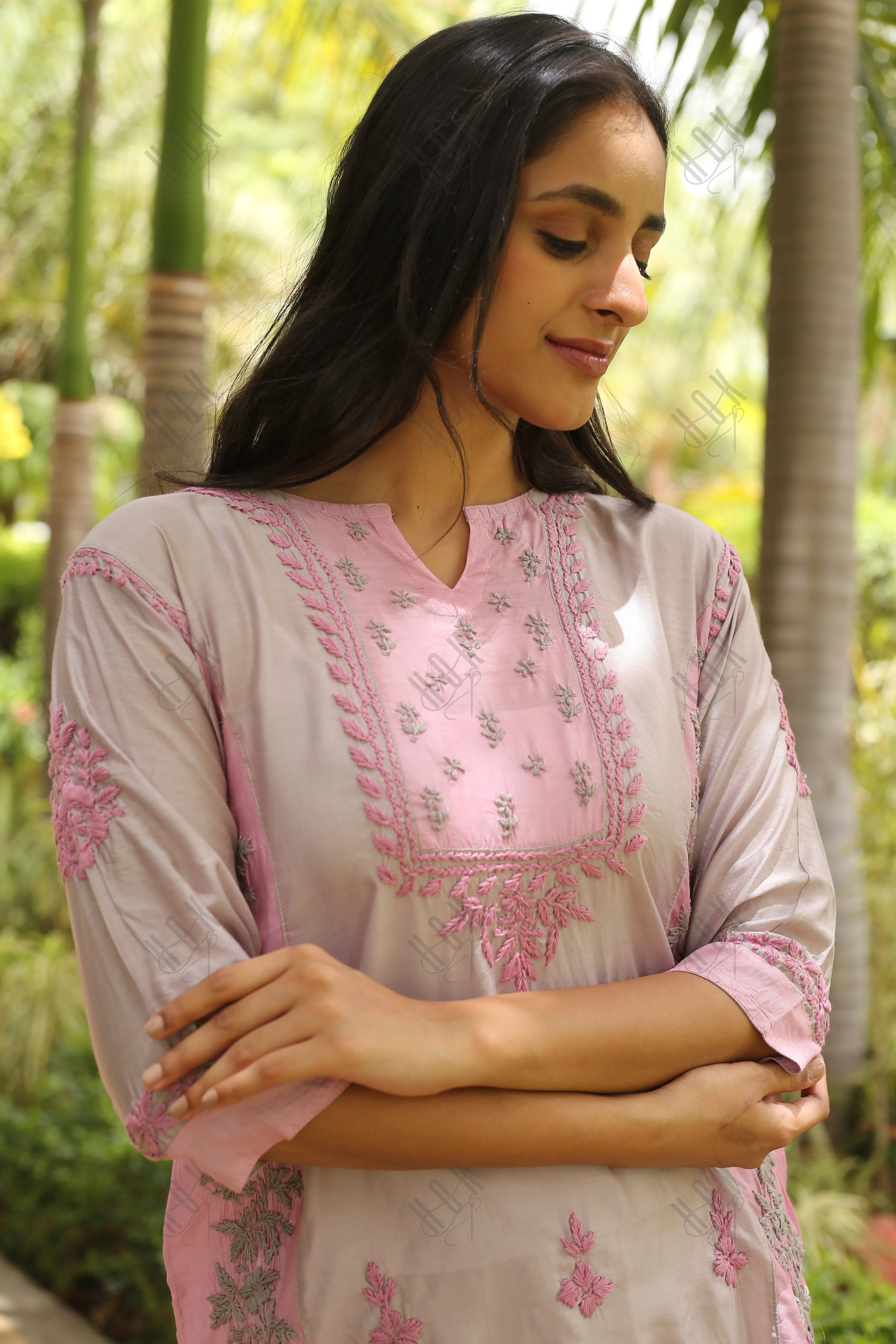Saba Chikankari Short kurta in Chanderi Silk - Grey Pink