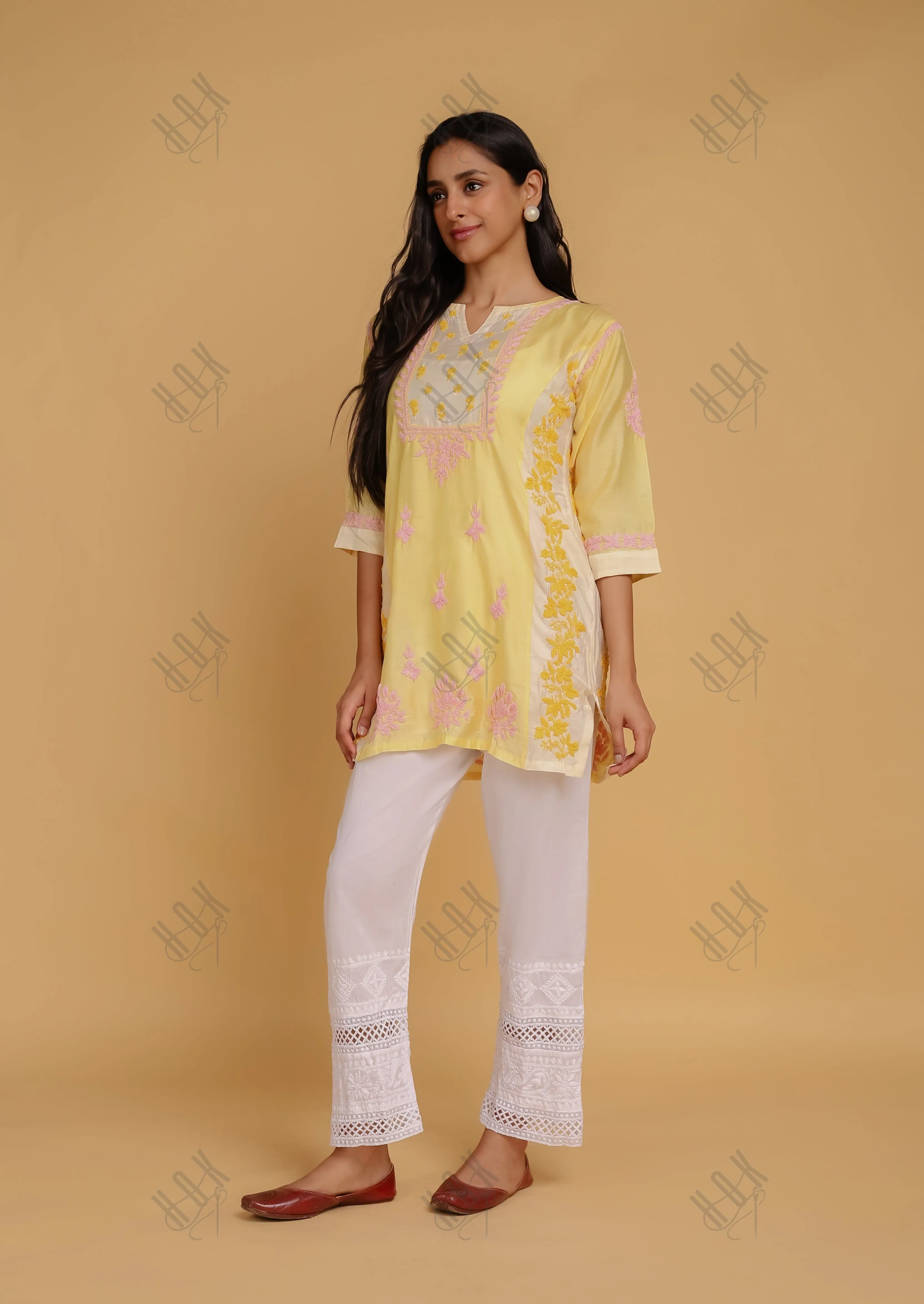 Saba Chikankari Short kurta in Chanderi Silk - Yellow Peach
