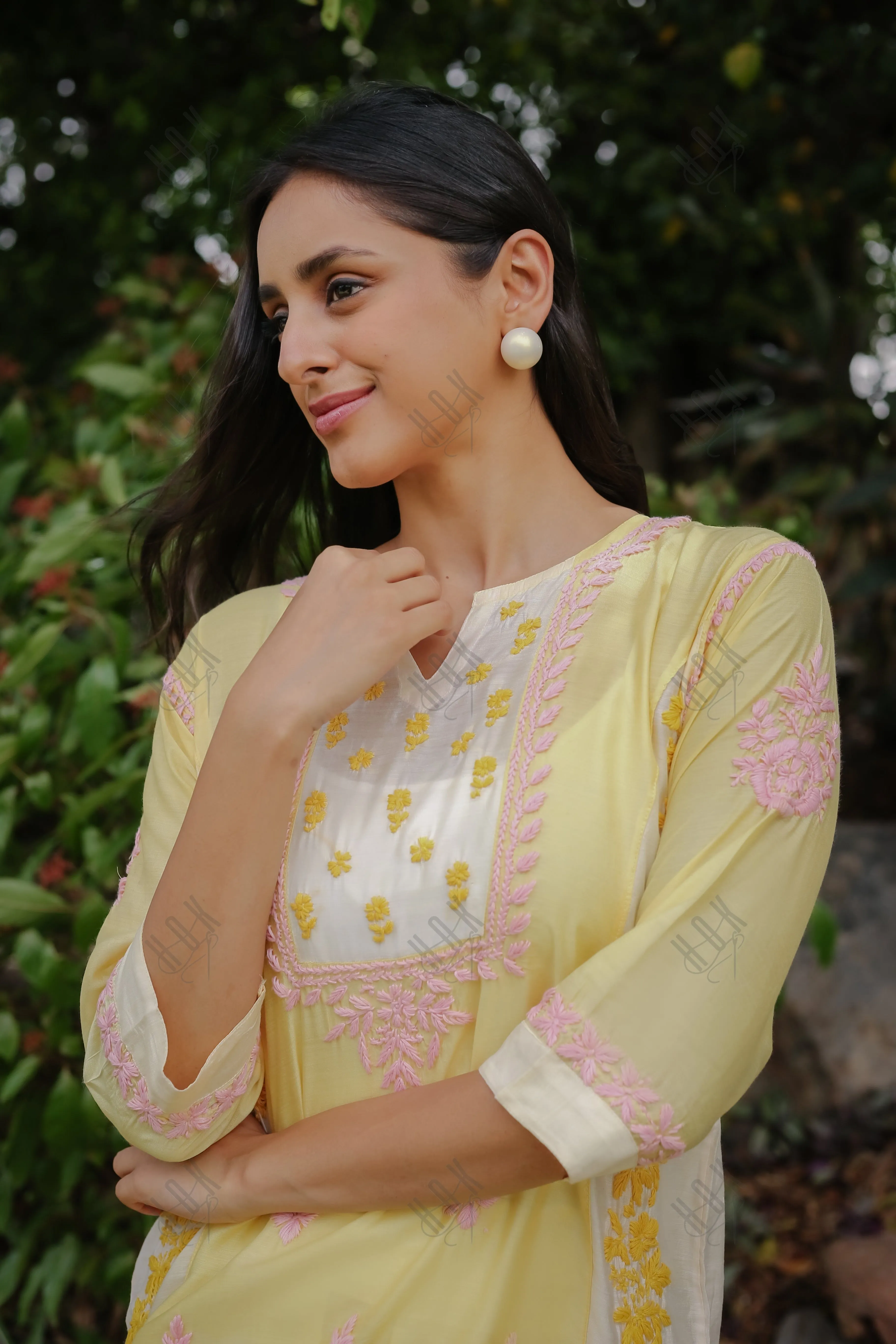 Saba Chikankari Short kurta in Chanderi Silk - Yellow Peach