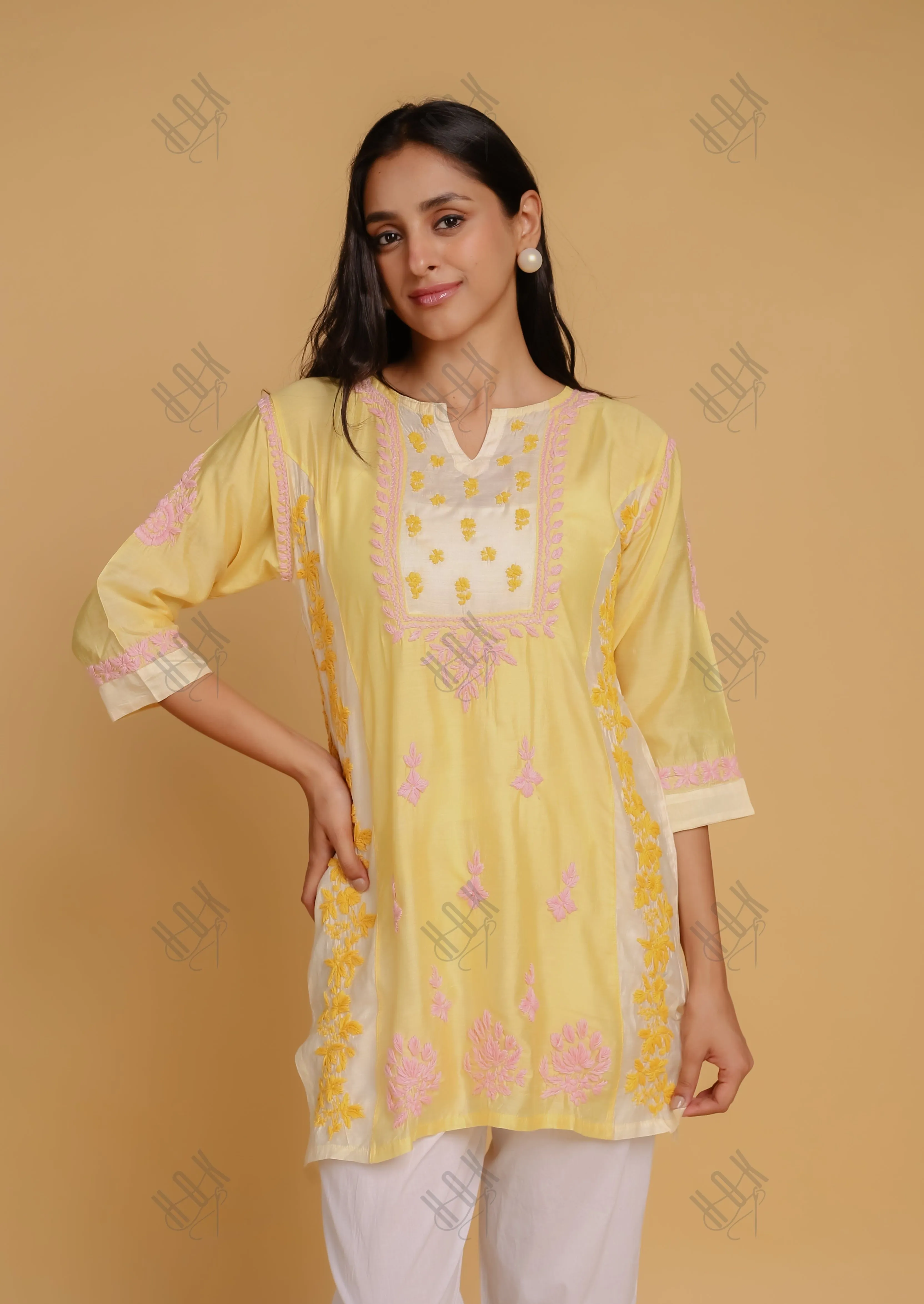 Saba Chikankari Short kurta in Chanderi Silk - Yellow Peach