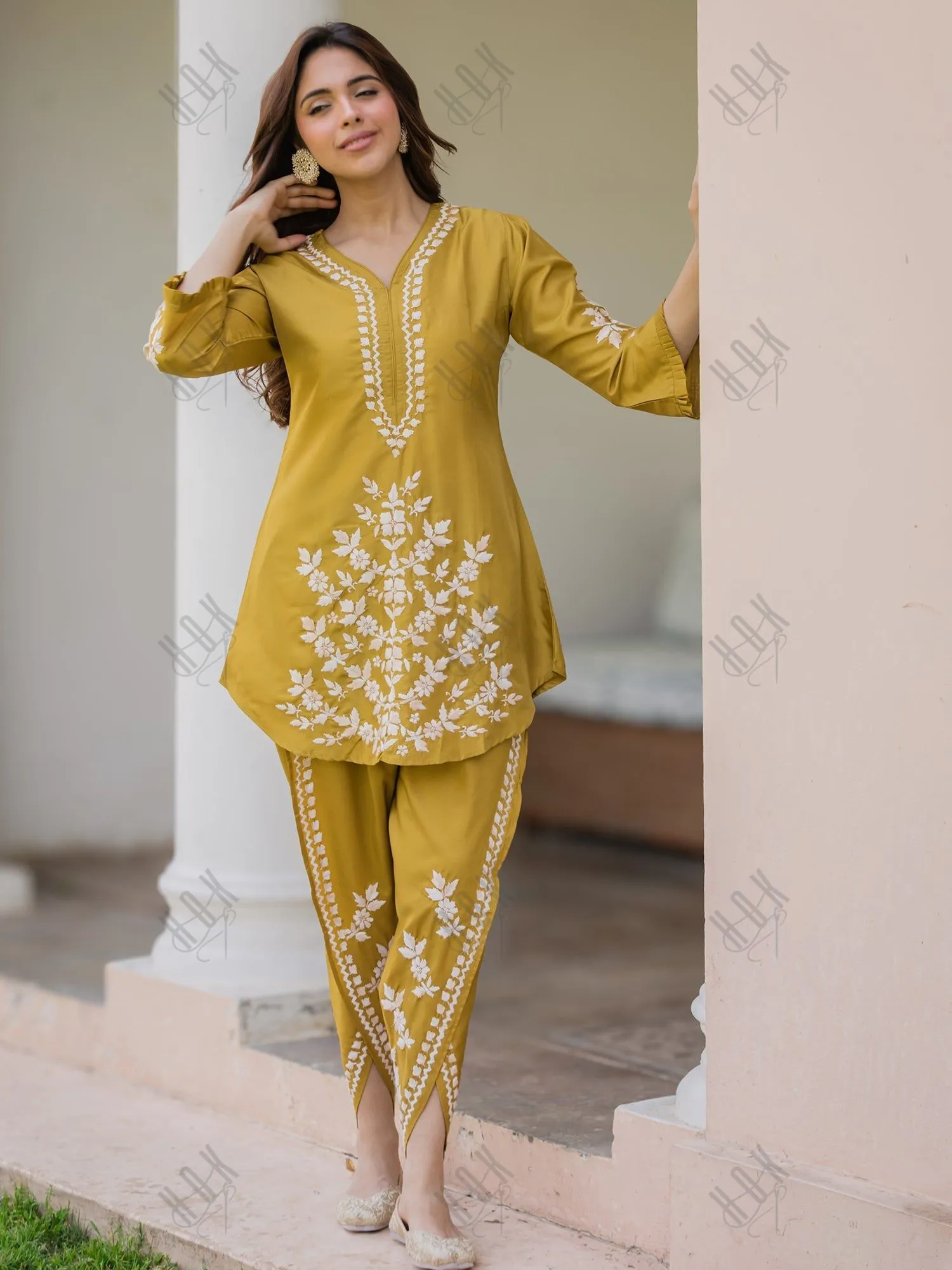 Sneha in Saba Chikankari Kurta Set in Habutai Silk - Mustard