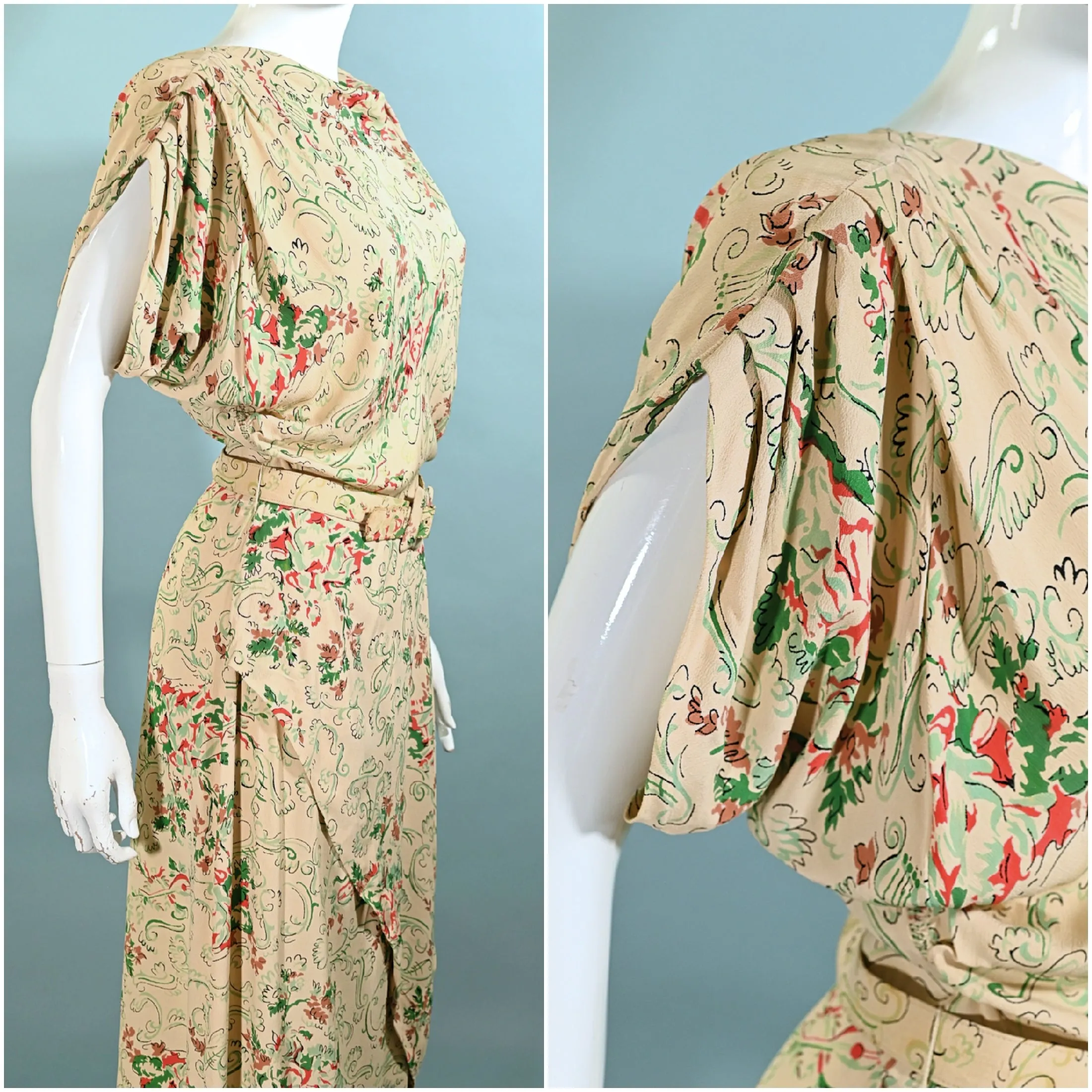 SOLD Vintage 40s Rayon Dress w/Peplum Swag   Belt M