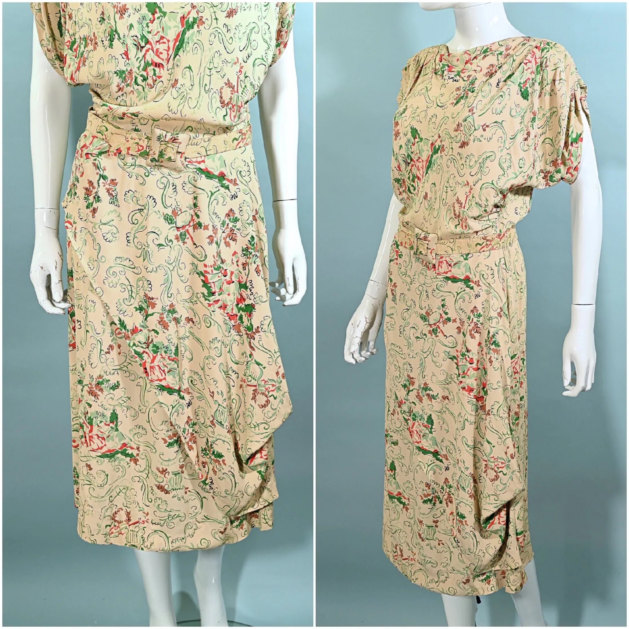 SOLD Vintage 40s Rayon Dress w/Peplum Swag   Belt M