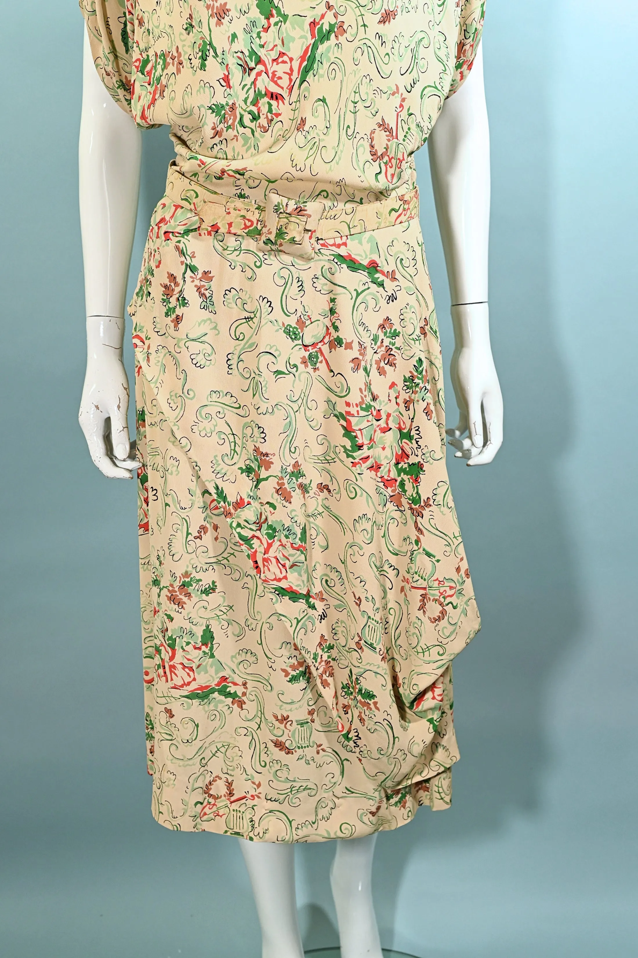 SOLD Vintage 40s Rayon Dress w/Peplum Swag   Belt M