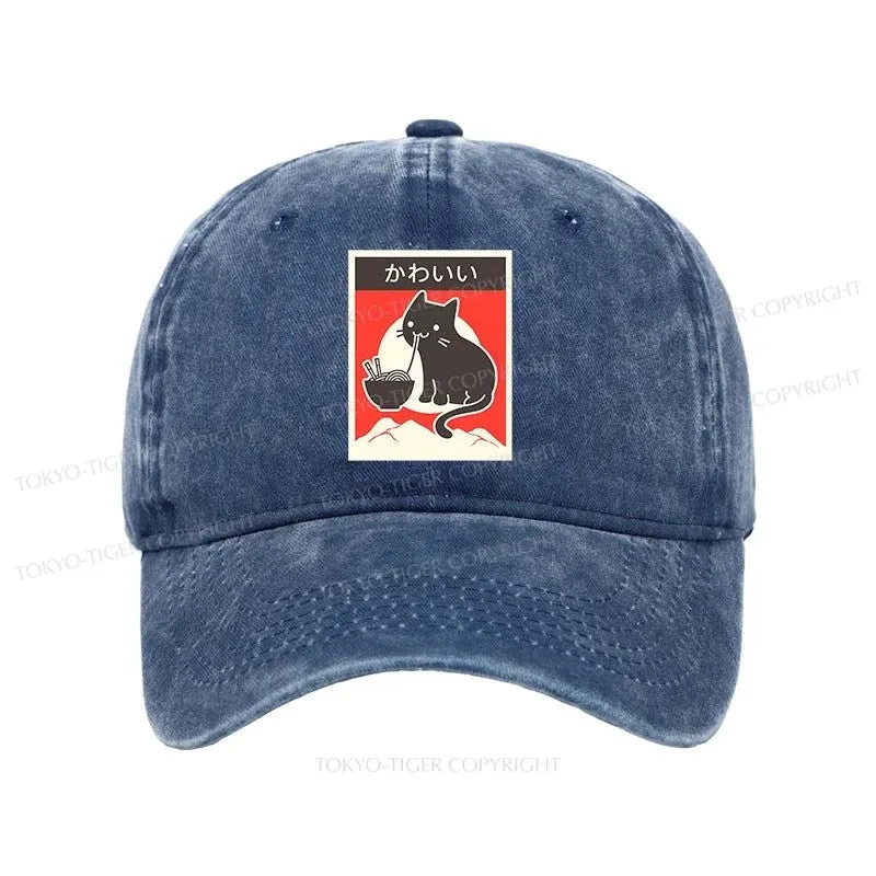 Tokyo-Tiger "Kawaii" Vintage Style Japenese Ramen Cat Washed Cap