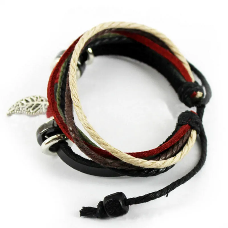 Women's Leaf Black Leather Adjustable Bracelet Handmade Jewelry Cuff