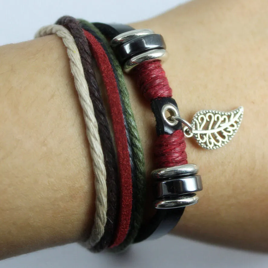 Women's Leaf Black Leather Adjustable Bracelet Handmade Jewelry Cuff