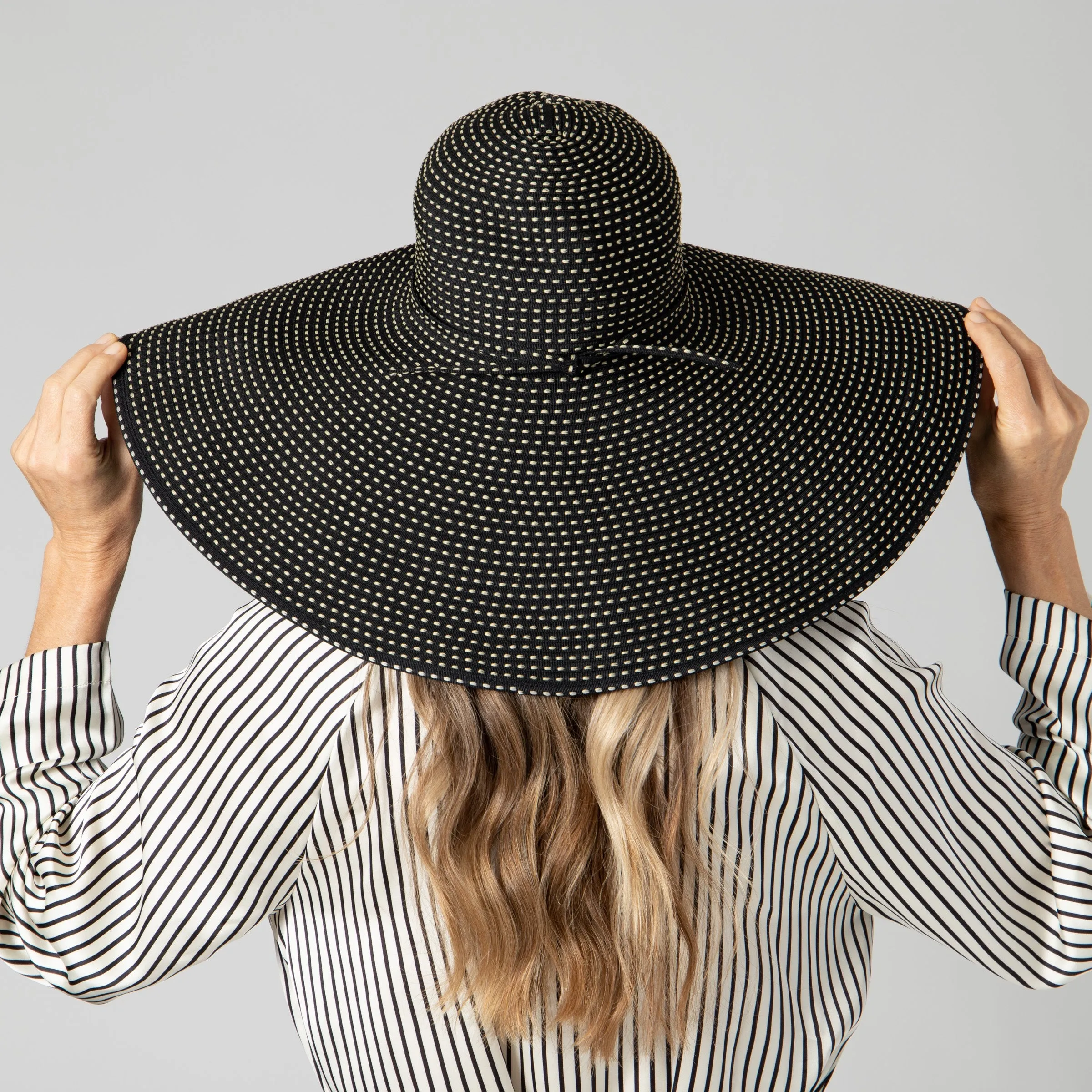 Women's Wide Brim Ribbon Floppy Hat with Ticking Fabric