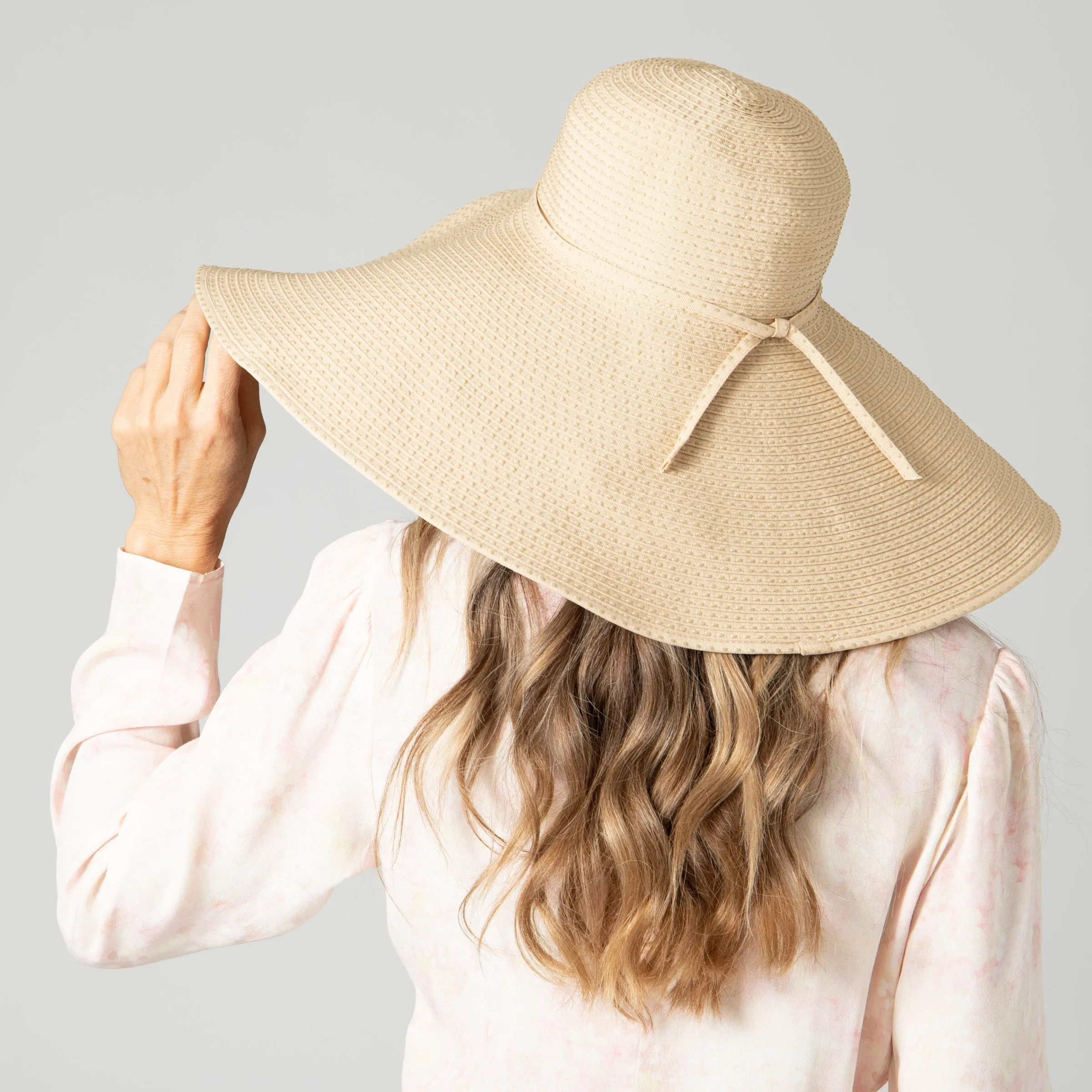 Women's Wide Brim Ribbon Floppy Hat with Ticking Fabric