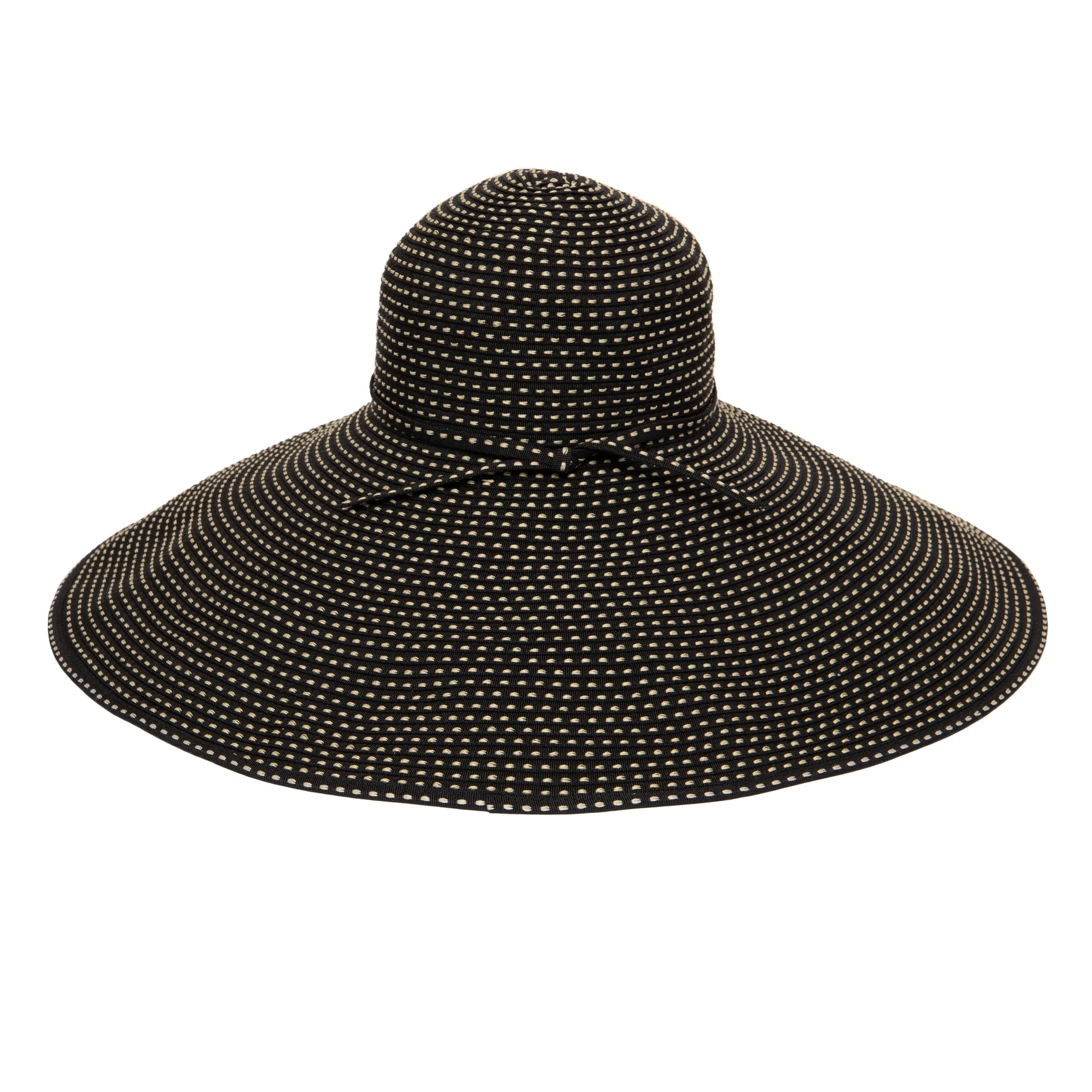 Women's Wide Brim Ribbon Floppy Hat with Ticking Fabric