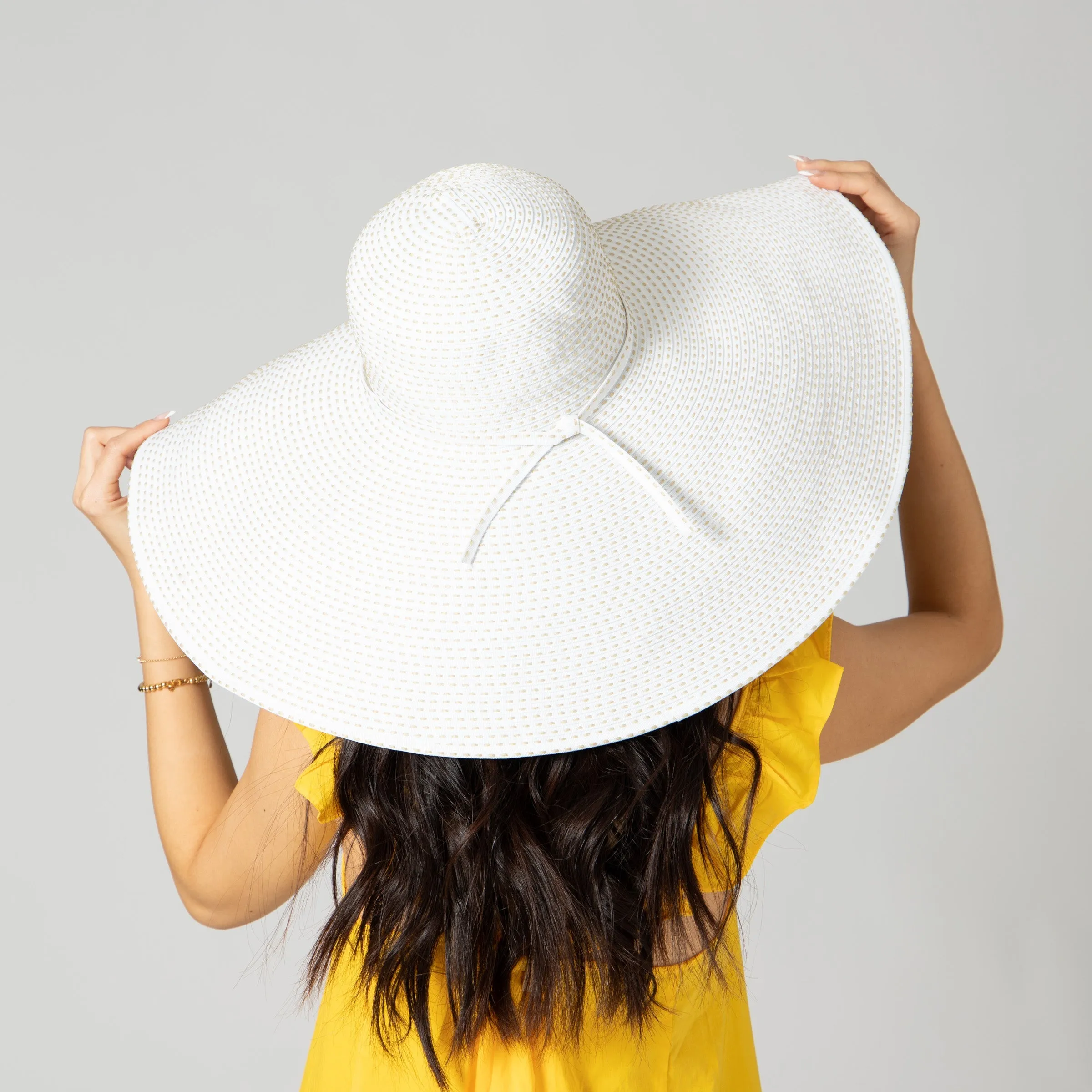 Women's Wide Brim Ribbon Floppy Hat with Ticking Fabric