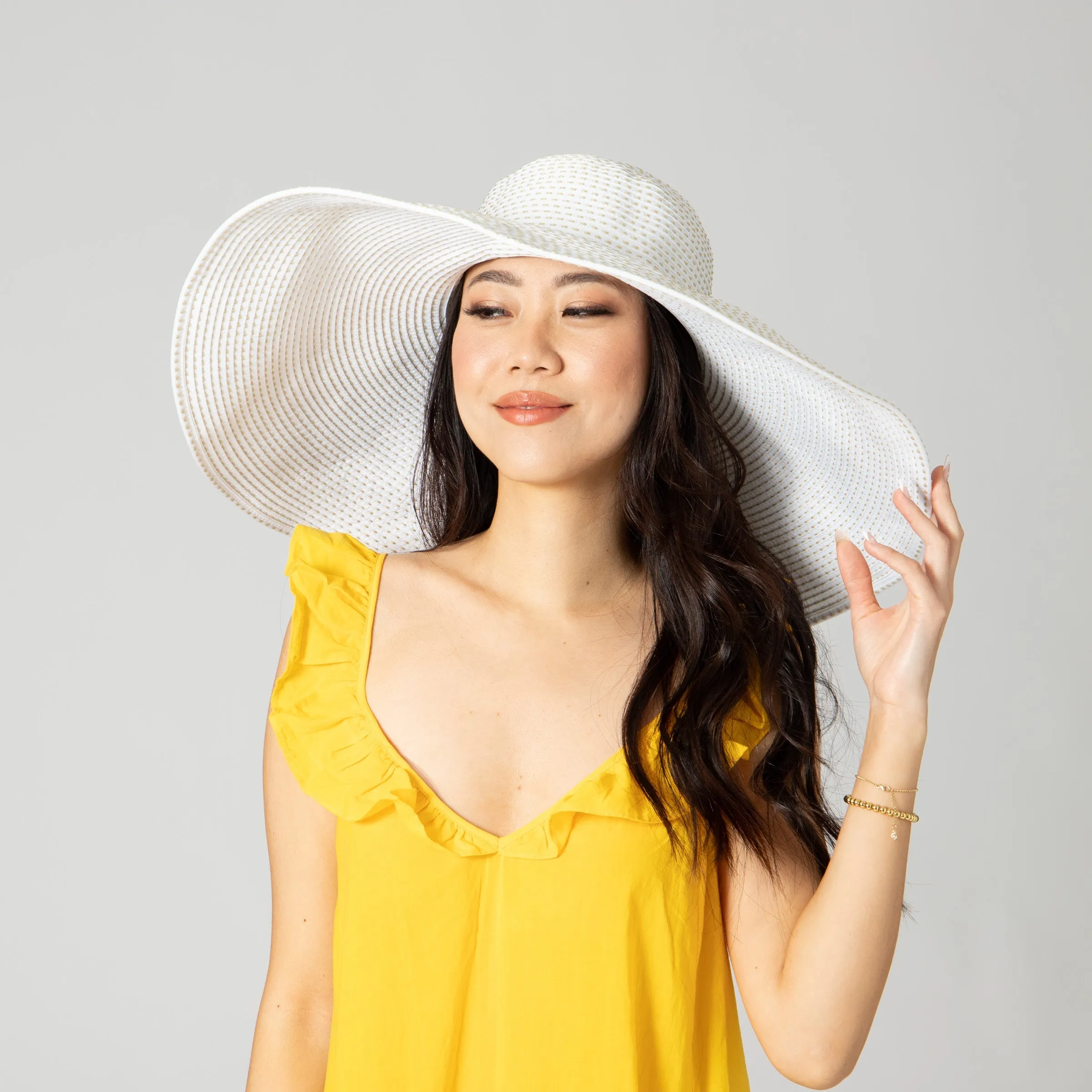 Women's Wide Brim Ribbon Floppy Hat with Ticking Fabric