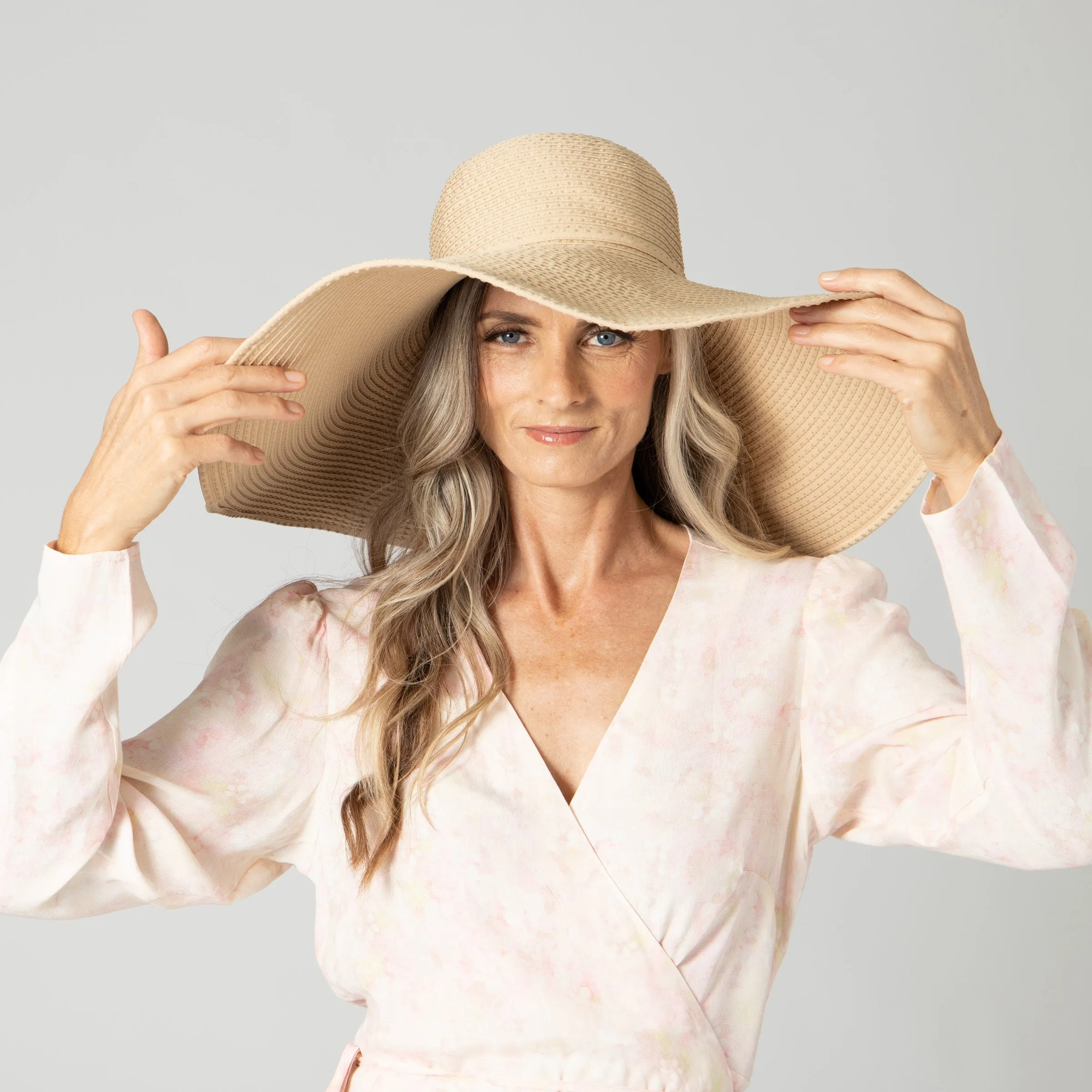 Women's Wide Brim Ribbon Floppy Hat with Ticking Fabric