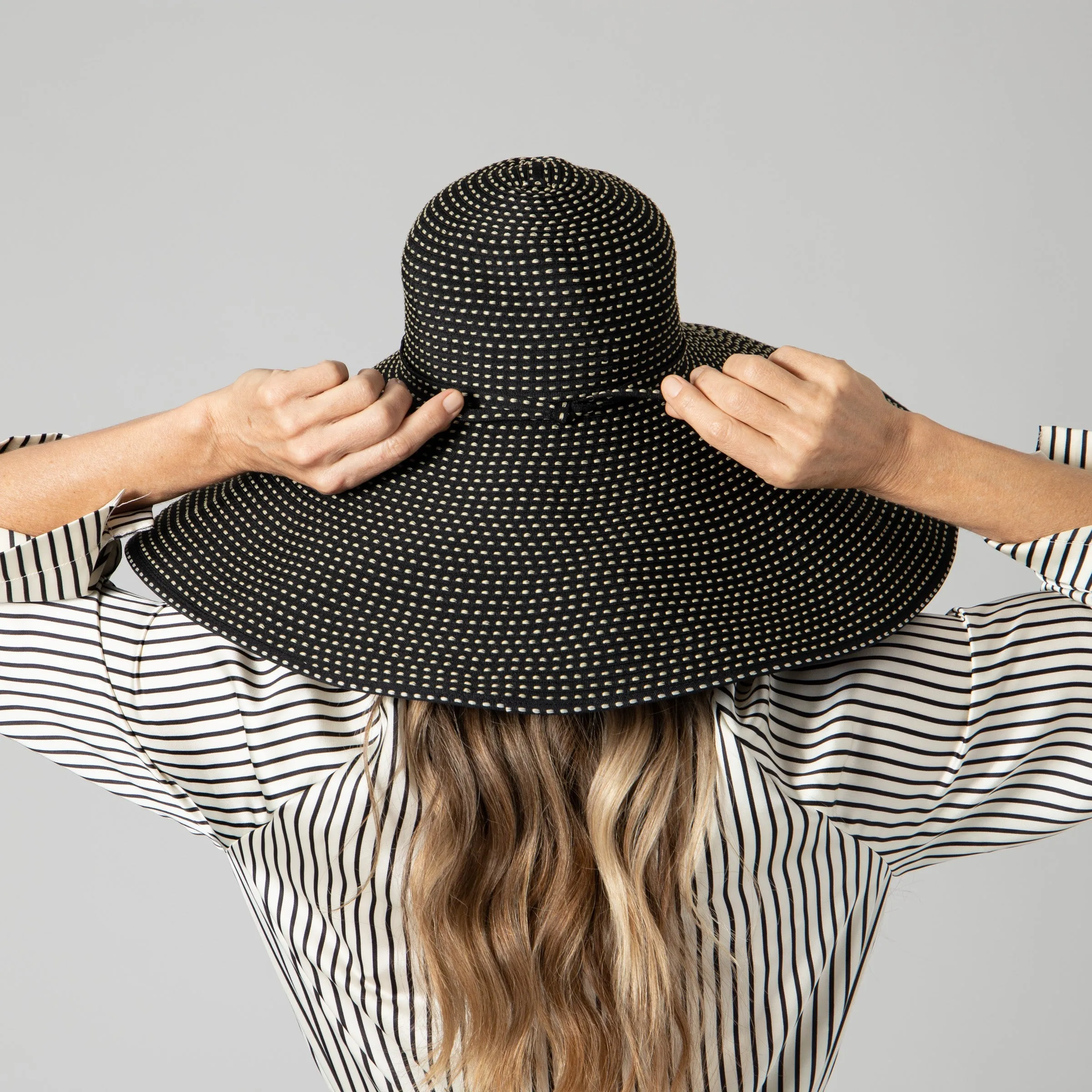 Women's Wide Brim Ribbon Floppy Hat with Ticking Fabric
