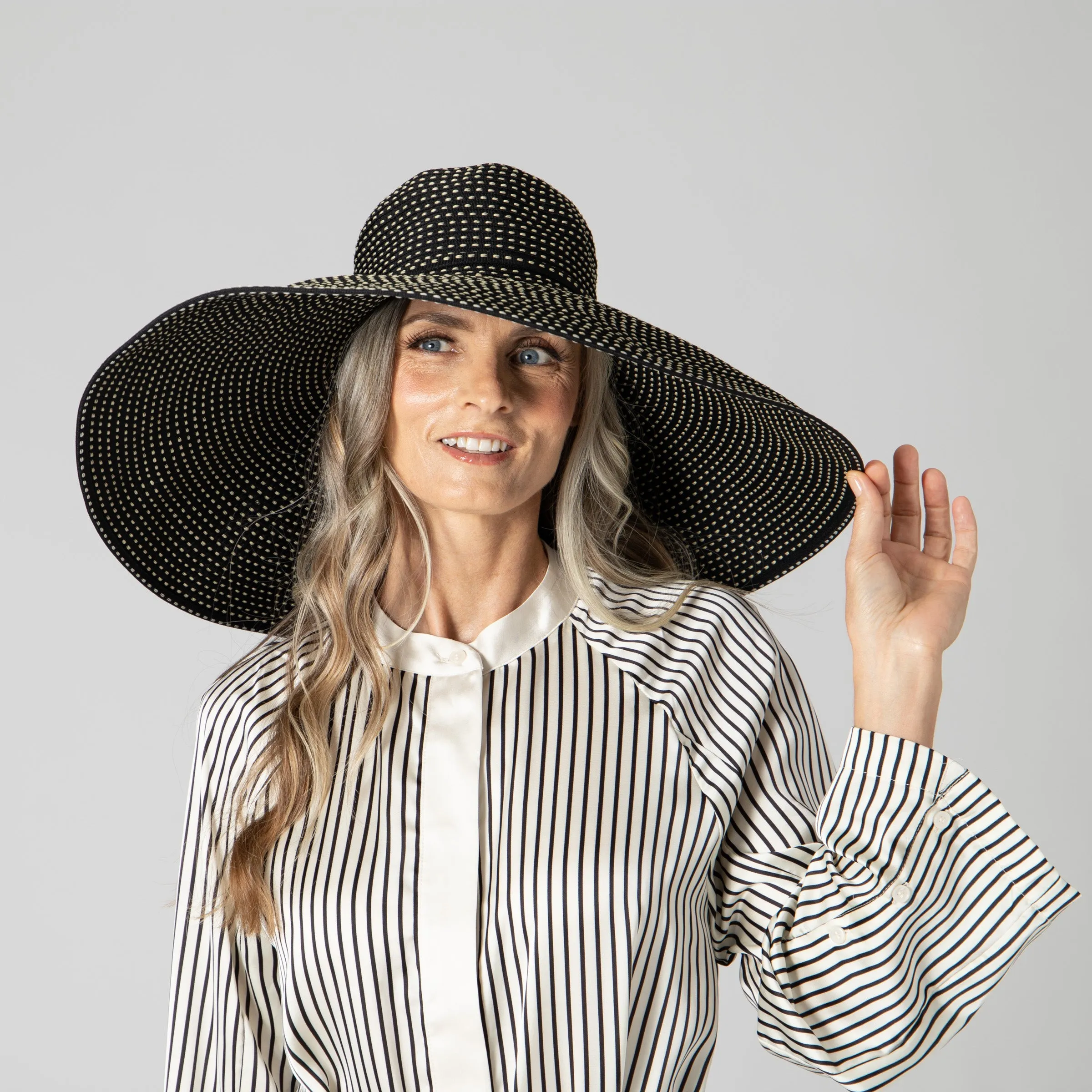 Women's Wide Brim Ribbon Floppy Hat with Ticking Fabric