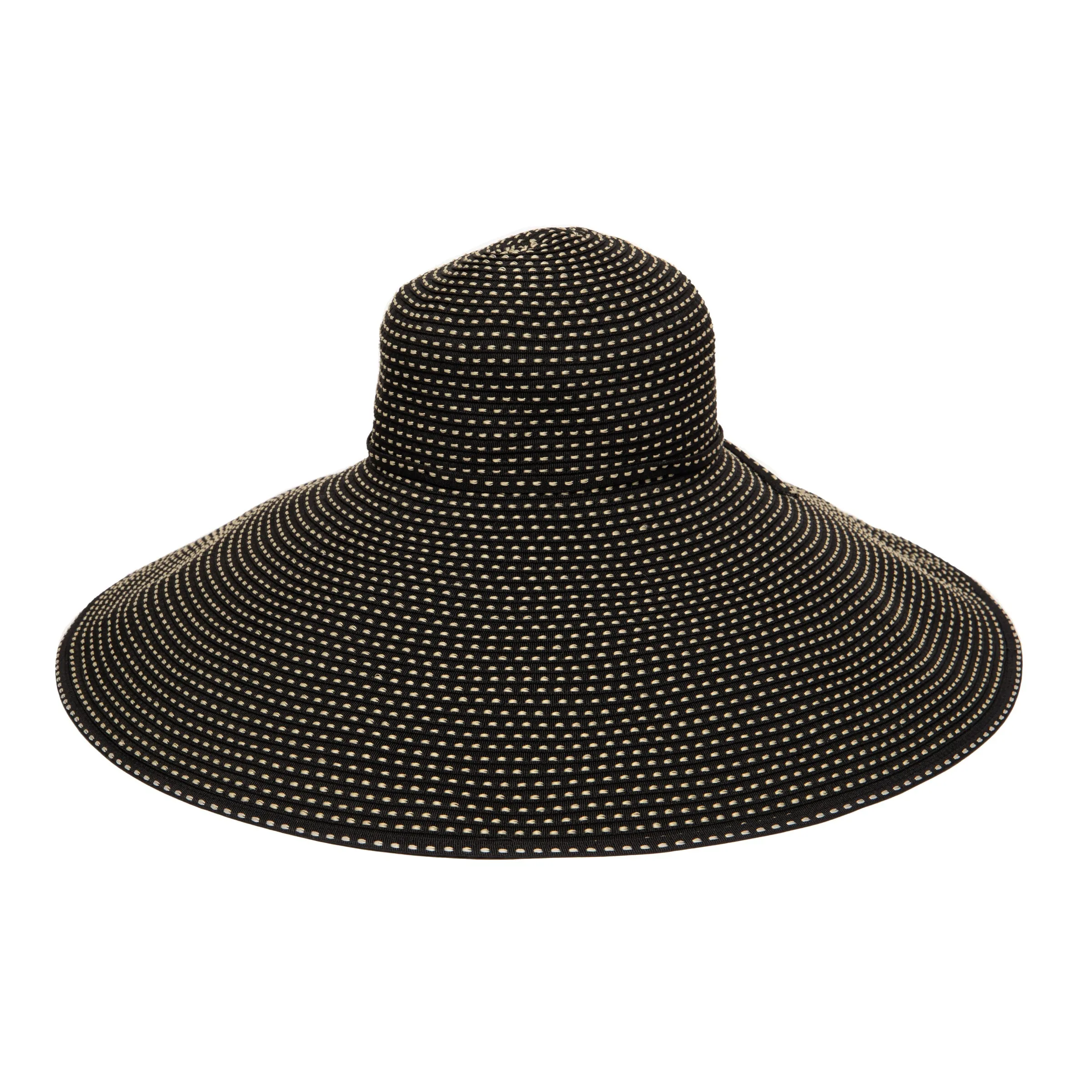 Women's Wide Brim Ribbon Floppy Hat with Ticking Fabric